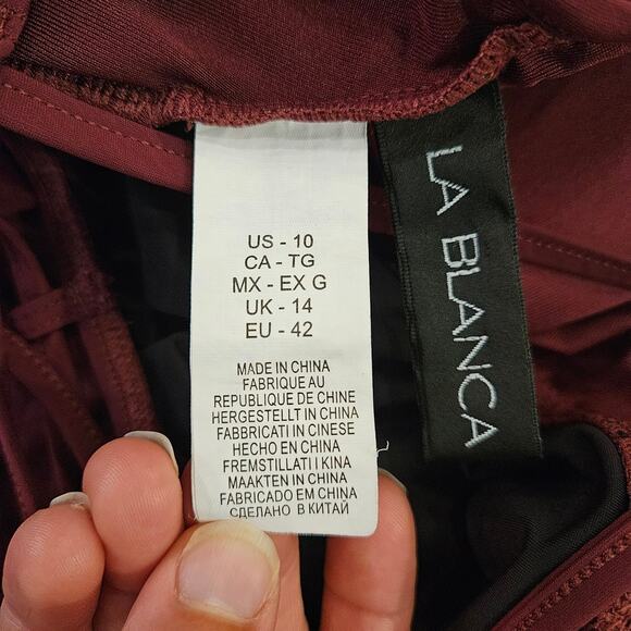 La Blanca Scalloped V-Neck One-Piece Swimsuit Women's Size 10 Maroon Lace-Up - Picture 12 of 13